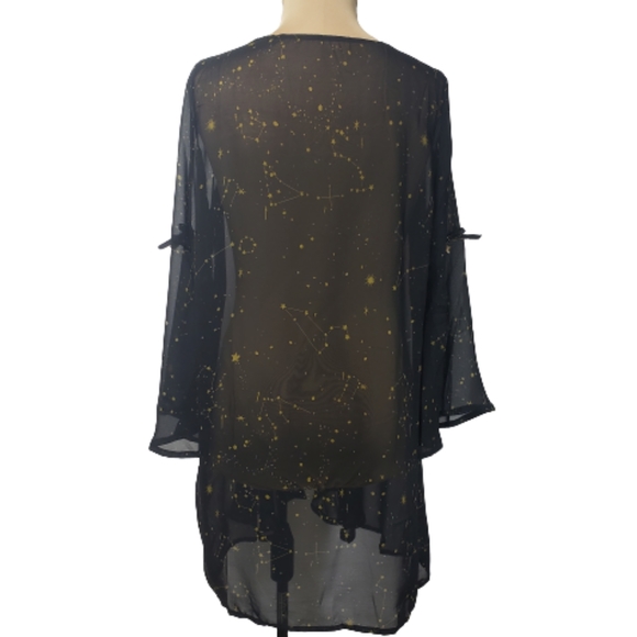 SOLD Black Sheer Gold Astrology Constellation Print Bell Sleeved Kimono Sz M - Picture 3 of 10